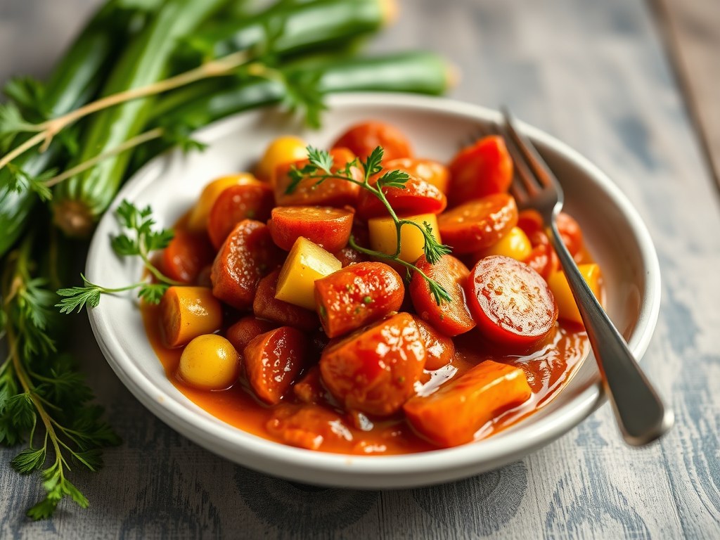 Courgette-chorizosaus, AI-gegenereerde illustratie