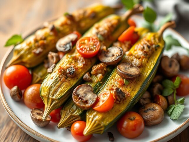 Courgettes met tomaten en champignons