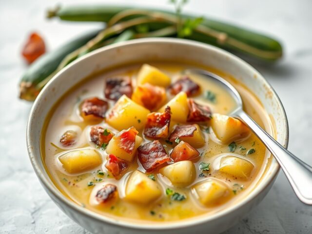 Courgettesoep met aardappelen en spekblokjes — AI-gegenereerde illustratie