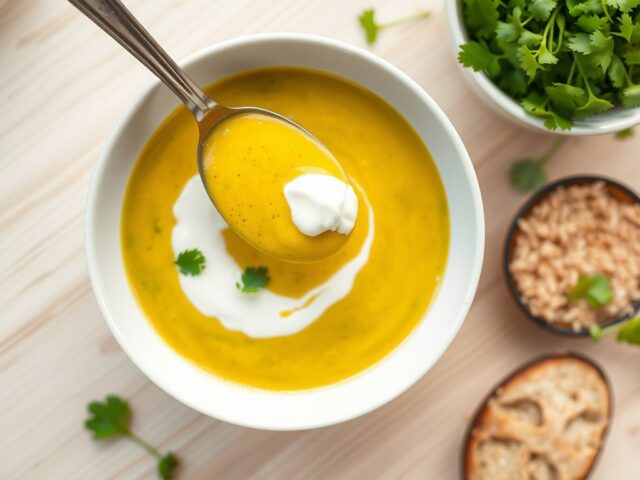 Courgettesoep met hot curry en koriander