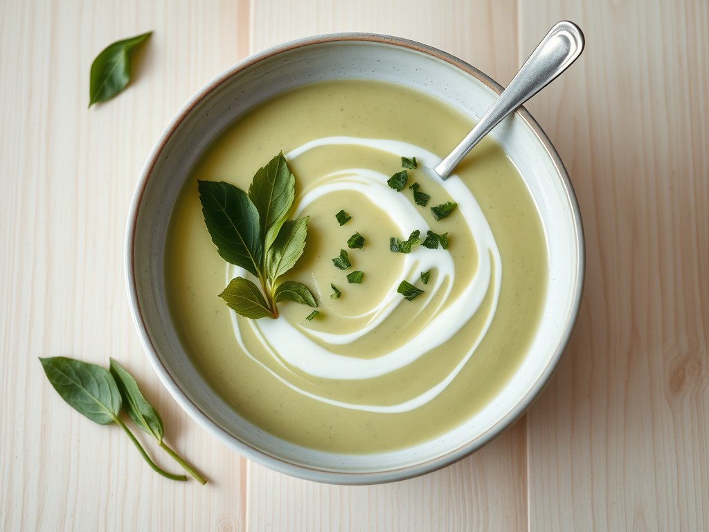 Courgettesoep met kruiden + variaties, AI-gegenereerde illustratie