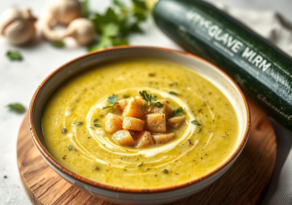 Courgettesoep met mosterd, AI-gegenereerde illustratie