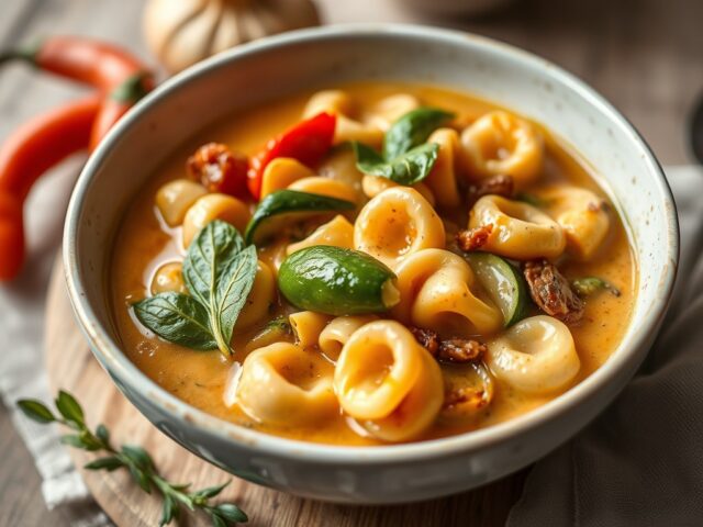 Courgettesoep met paprika, tortellini, roomkaas, Parmezaan en kruiden