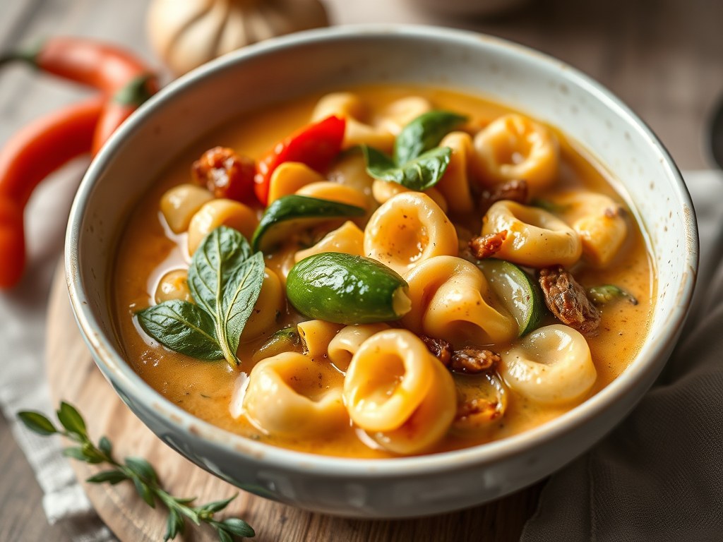 Courgettesoep met paprika, tortellini, roomkaas, Parmezaan en kruiden, AI-gegenereerde illustratie