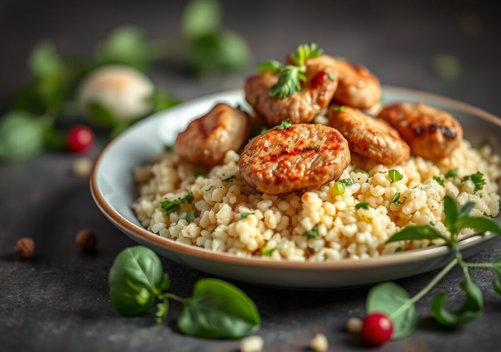 Couscous-basilicumsalade met lamsvlees, AI-gegenereerde illustratie