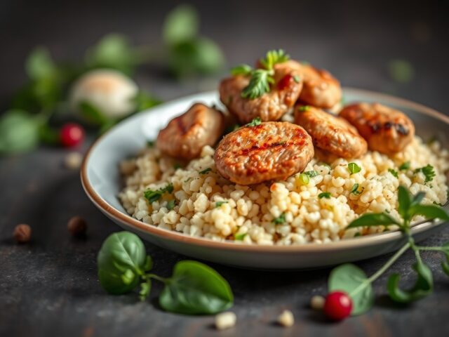 Couscous-basilicumsalade met lamsvlees — AI-gegenereerde illustratie