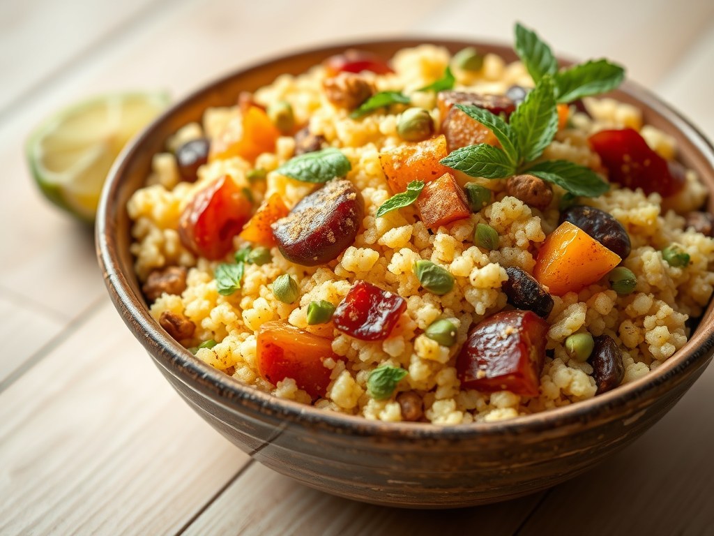 Couscous met abrikoos en pruim, AI-gegenereerde illustratie