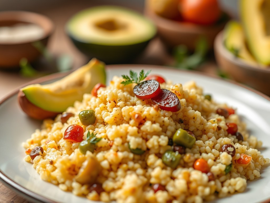 Couscous met abrikoos en pruim, AI-gegenereerde illustratie