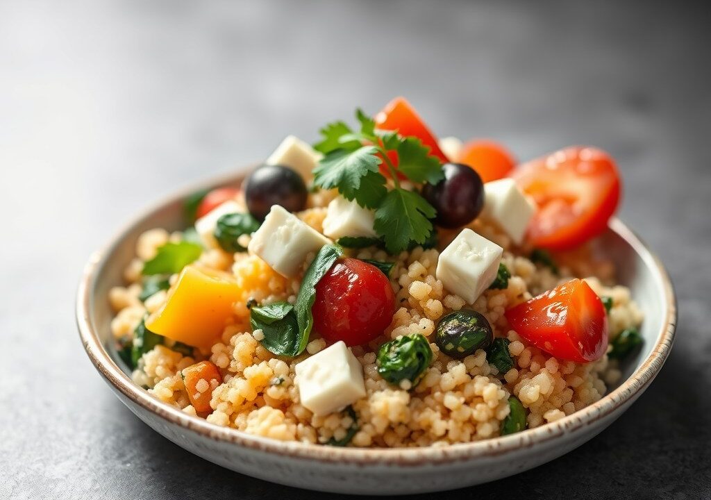 Couscous met feta,spinazie en fruit, AI-gegenereerde illustratie