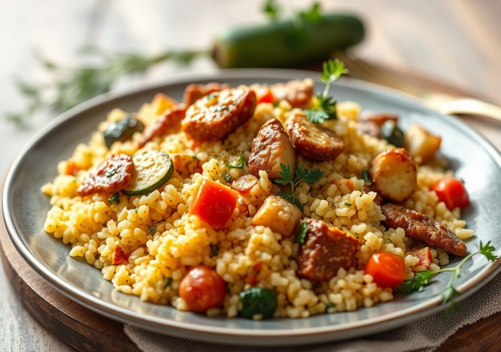 Couscous met kalfsvlees, groenten en dadels, AI-gegenereerde illustratie