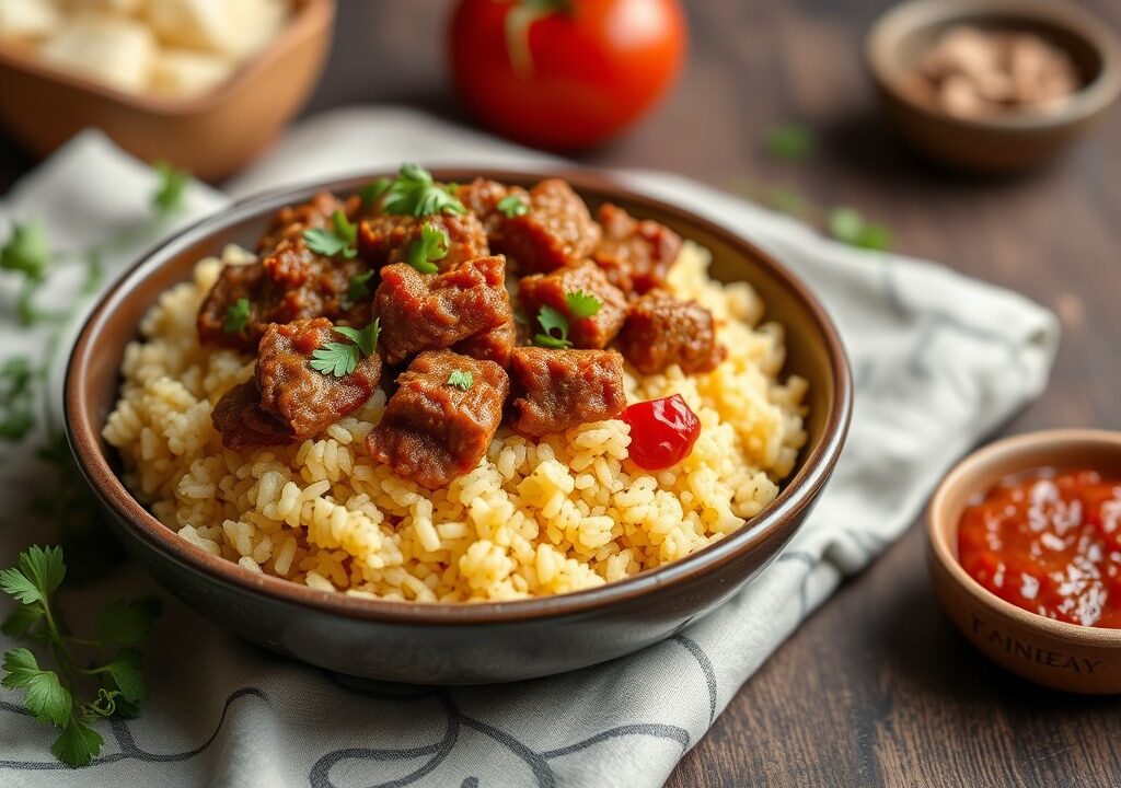 Couscous met lamskoteletten, harissa en venkel., AI-gegenereerde illustratie
