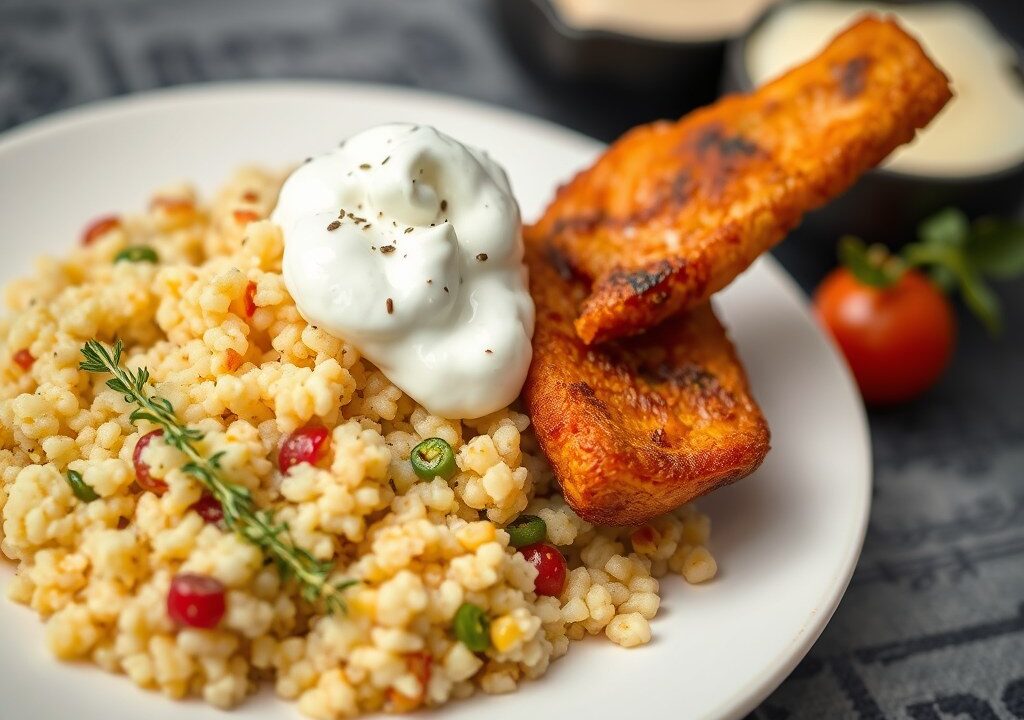 CousCous met room en kummel en gebakken lever, AI-gegenereerde illustratie