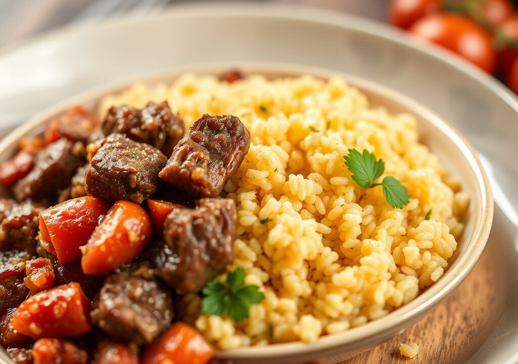 Couscous met rundvlees en tomaat, AI-gegenereerde illustratie