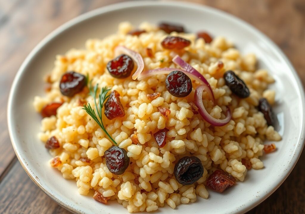 Couscous met zoete uien en rozijnen, AI-gegenereerde illustratie
