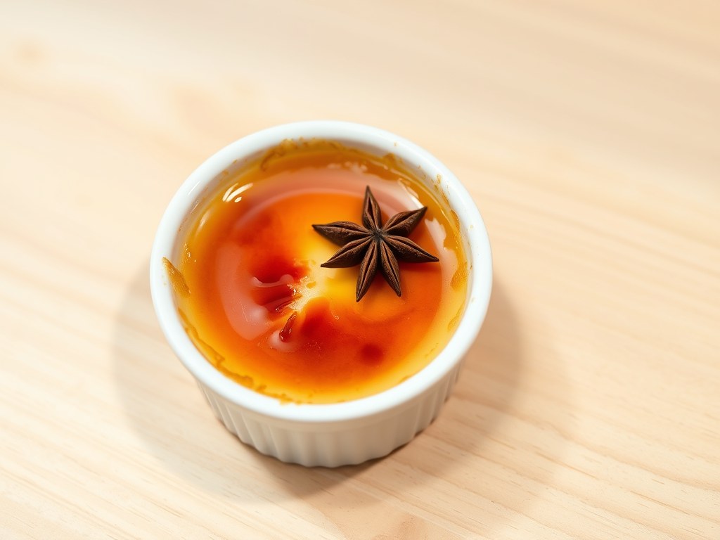 Créme brulée met steranijs, AI-gegenereerde illustratie