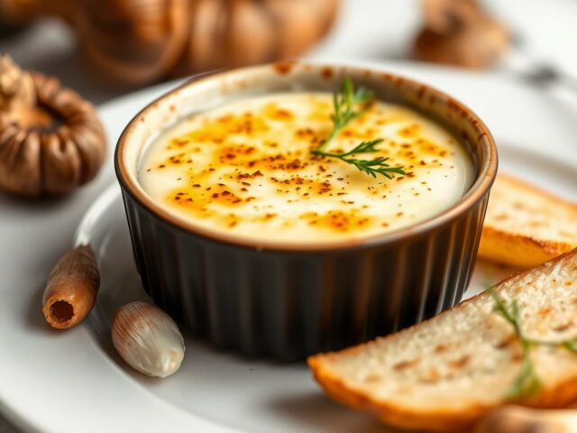 Crème brulée van kastanjechampignons — AI-gegenereerde illustratie