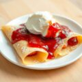 Crêpes gevuld met ijs en aardbeien jam