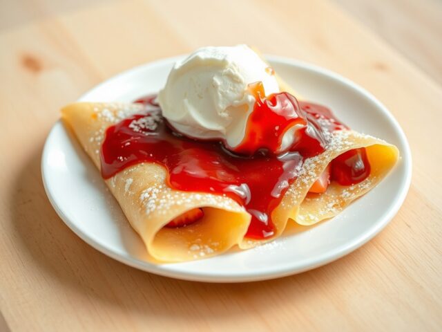 Crêpes gevuld met ijs en aardbeien jam