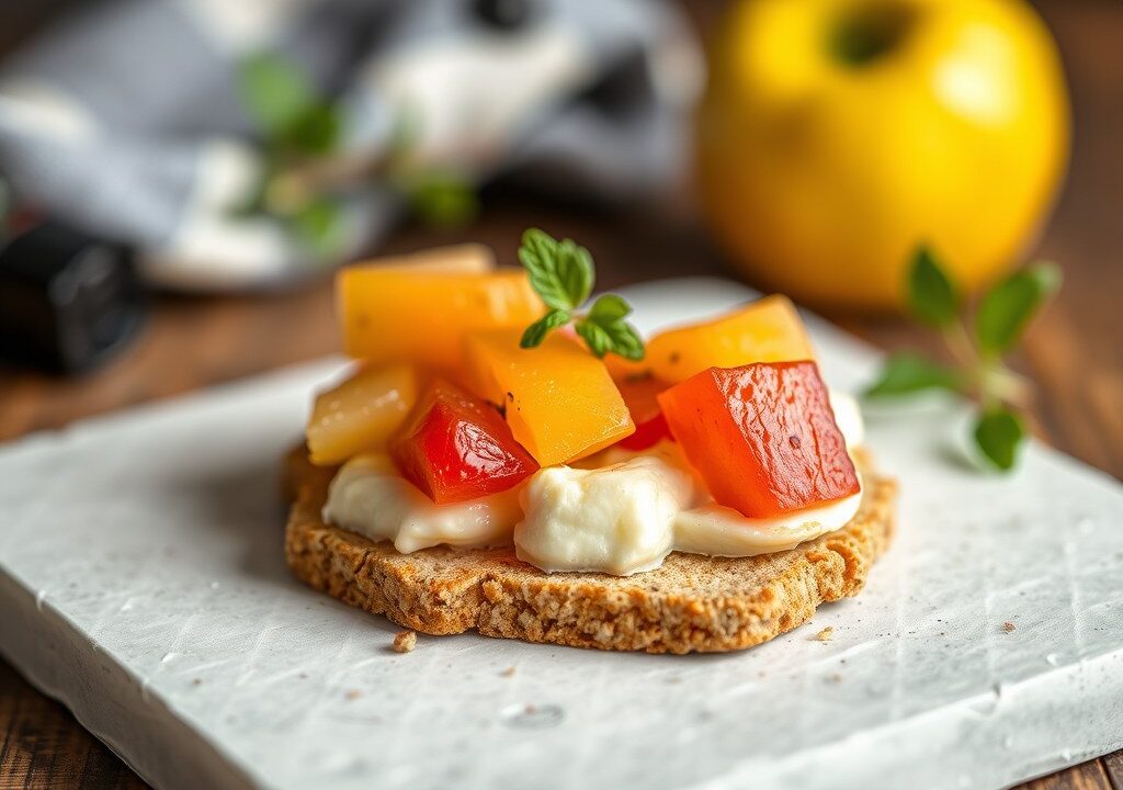 Cracker met peren-appelstroop en Hüttenkäse, AI-gegenereerde illustratie