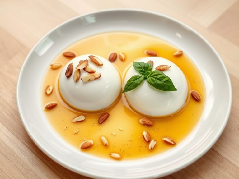 Creme-fraiche quenelles met amaretto-vanillesaus