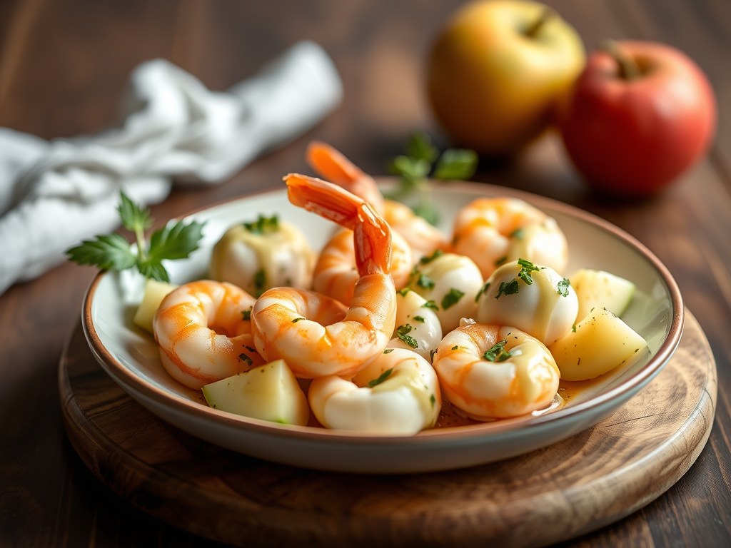 Crevettes, mozzarella, Granny Smith en pistaches, AI-gegenereerde illustratie