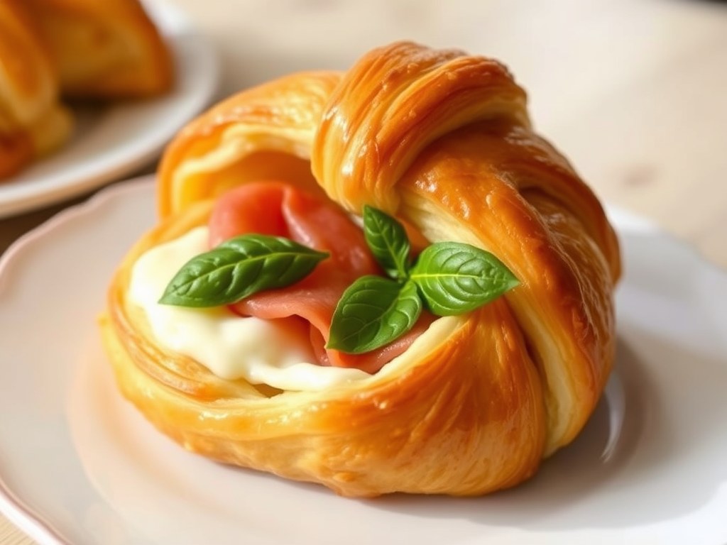Croissants met mozzarella, ham en basilicum, AI-gegenereerde illustratie