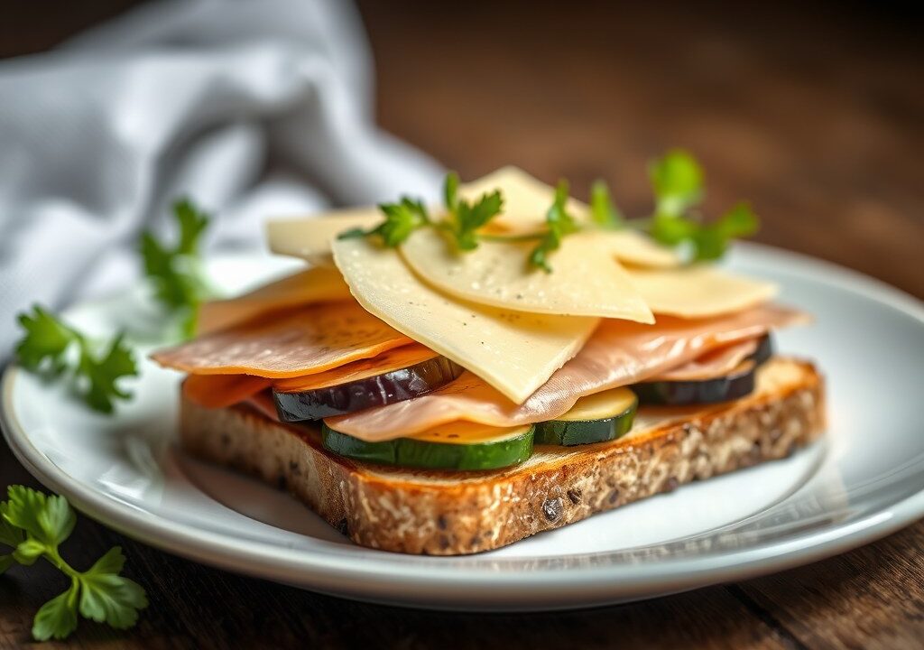 Croque met aubergine, courgette, gedroogde ham en Oud Brugge kaas, AI-gegenereerde illustratie