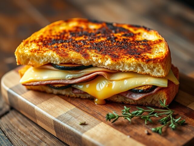 Croque met aubergine, courgette, gedroogde ham en Oud Brugge kaas