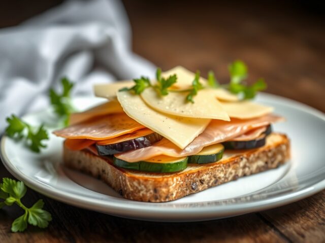 Croque met aubergine, courgette, gedroogde ham en Oud Brugge kaas — AI-gegenereerde illustratie