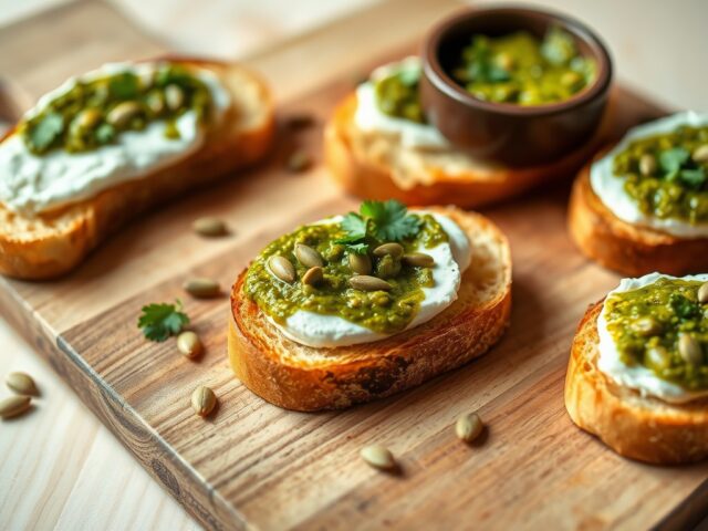 Crostini met geitenkaas en pompoenpitpesto