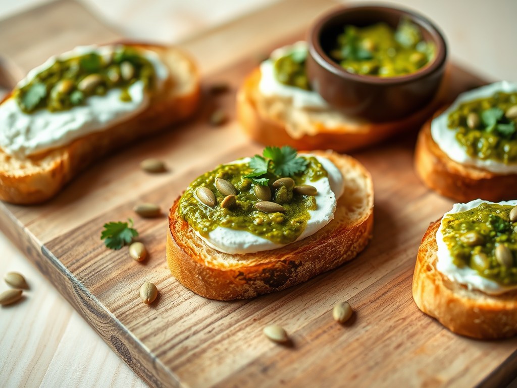 Crostini met geitenkaas en pompoenpitpesto, AI-gegenereerde illustratie
