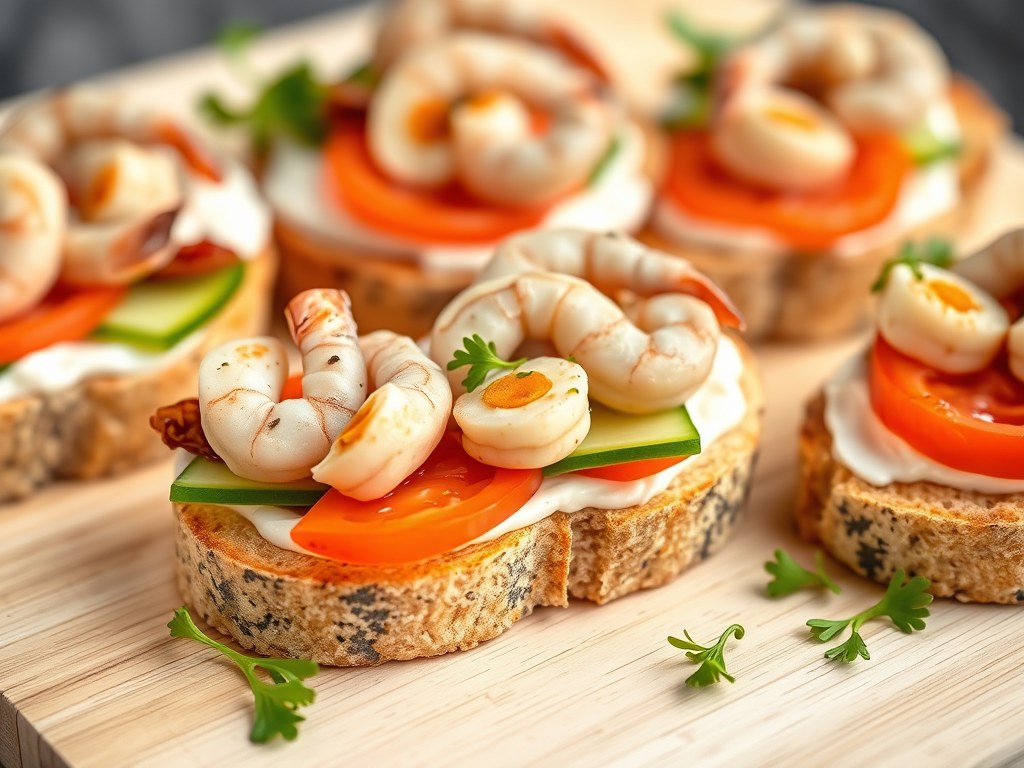 Crostini met grijze garnaaltjes en Philadelphia na, AI-gegenereerde illustratie