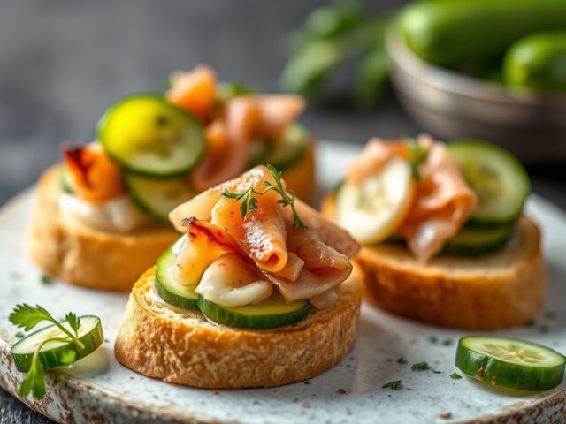 Crostini met komkommer en paling