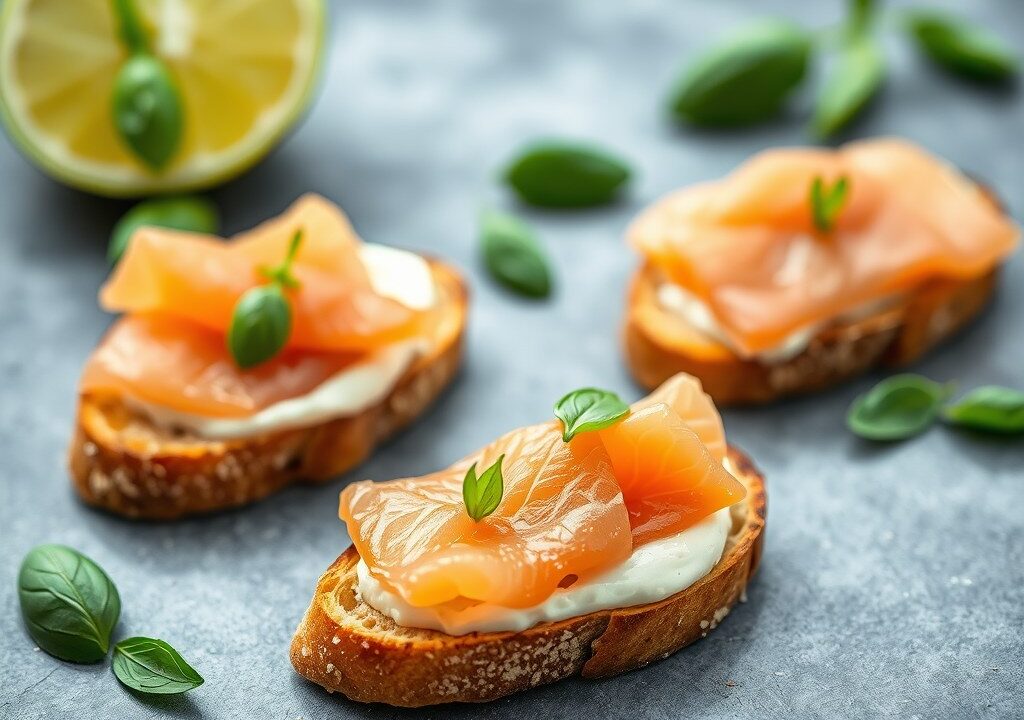 Crostini met limoenboter en gerookte zalm, AI-gegenereerde illustratie
