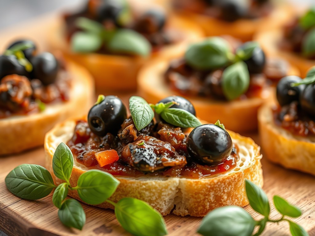 Crostini met pittige olijvenpasta, AI-gegenereerde illustratie
