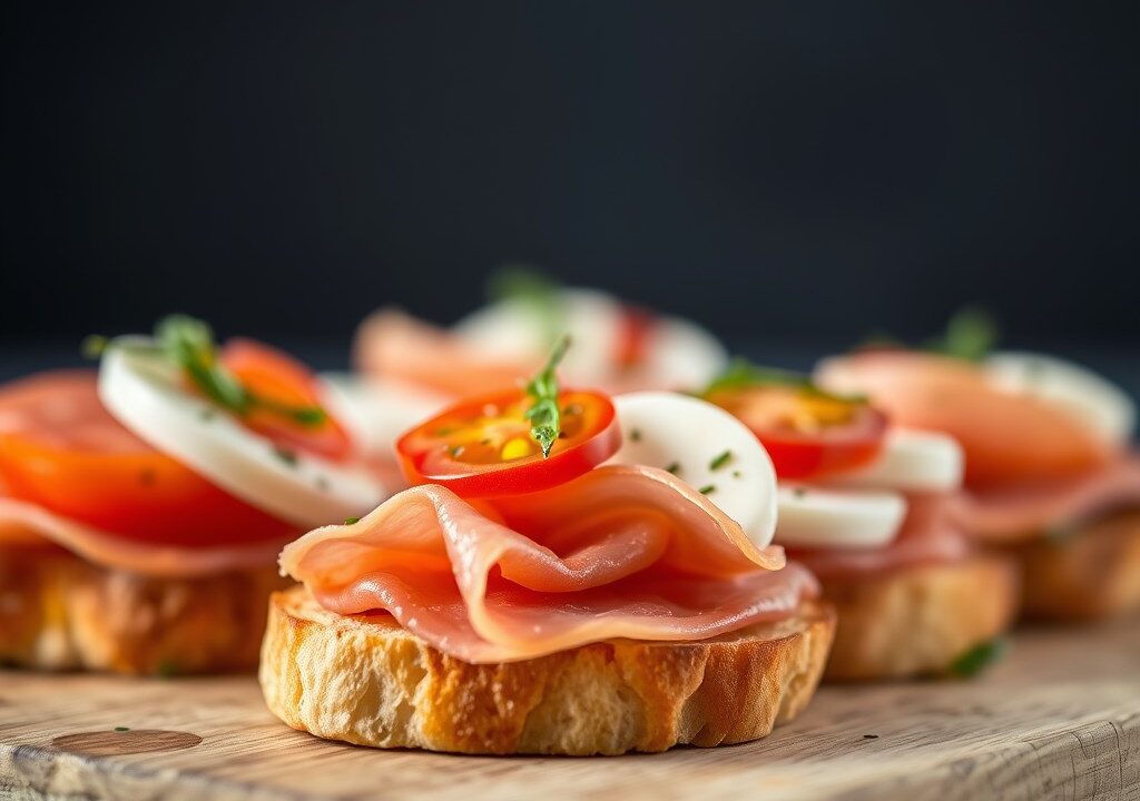Crostini met rauwe ham, tomaat, en mozzarella, AI-gegenereerde illustratie