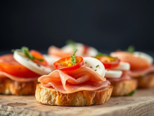 Crostini met rauwe ham, tomaat, en mozzarella