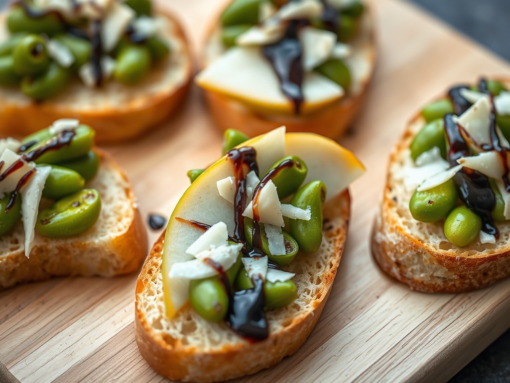 Crostini met tuinbonen, peer en pecorino, AI-gegenereerde illustratie