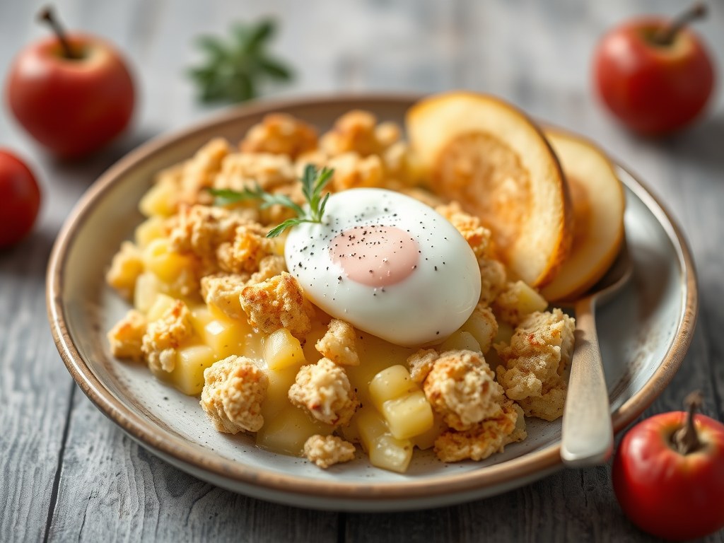 Crumble met peren en bosbessen, AI-gegenereerde illustratie