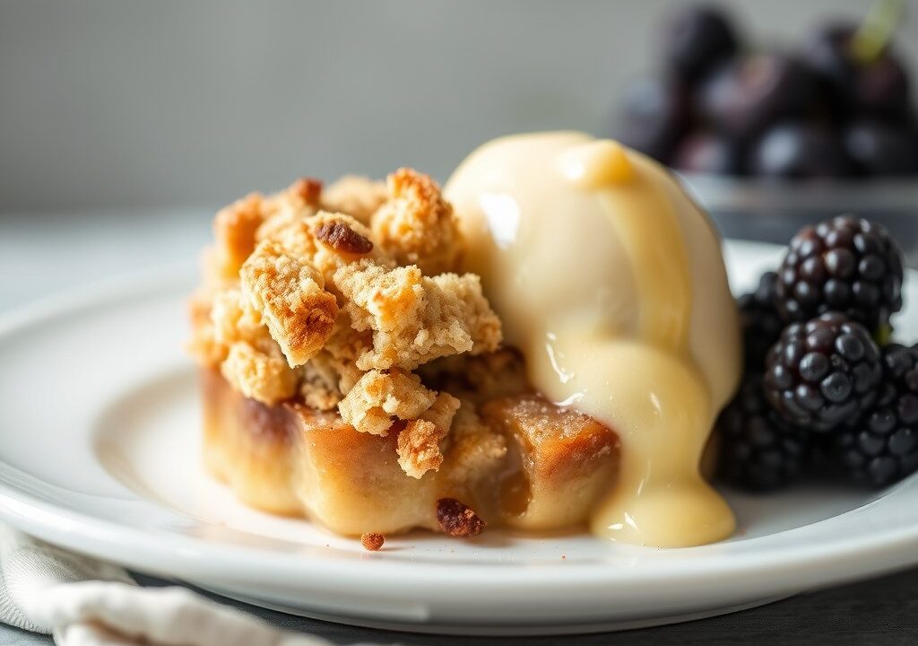 Crumble met vruchtencustard, AI-gegenereerde illustratie