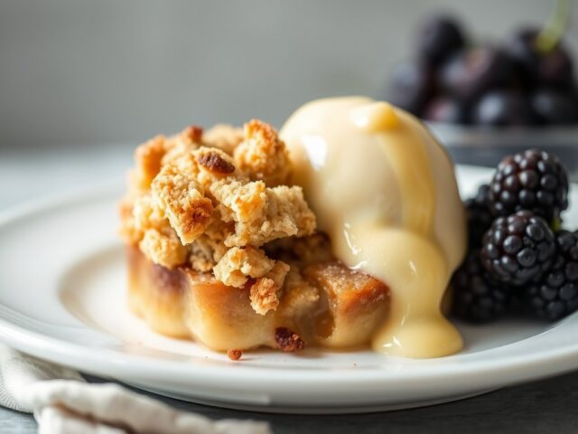 Crumble met vruchtencustard — AI-gegenereerde illustratie