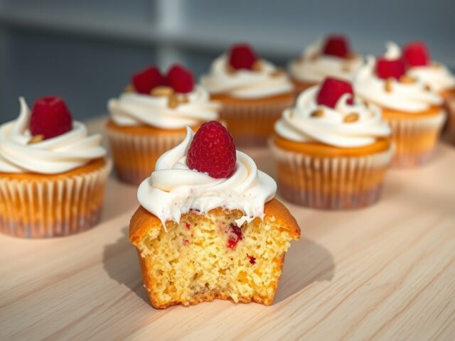 Cupcakes met frambozen, ricotta en pijnboompitten
