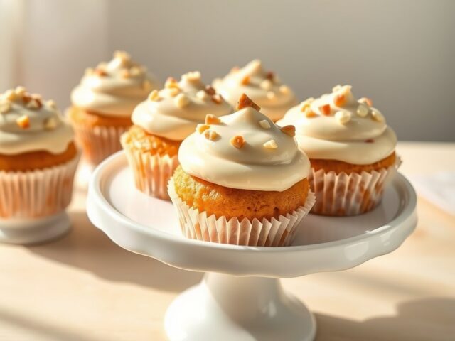 Cupcakes met macadamianoten en witte-chocoladeglazuur