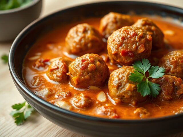 Curry met lamsgehaktballetjes en tomaat
