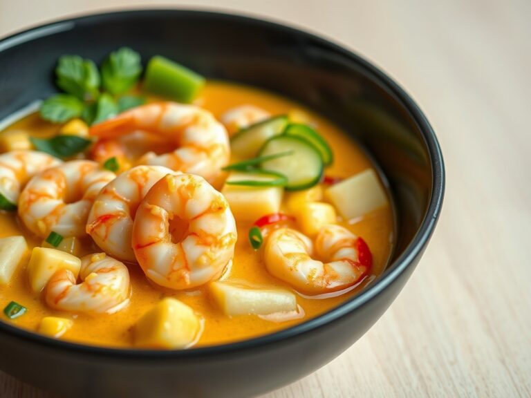 Curry van garnalen en komkommer