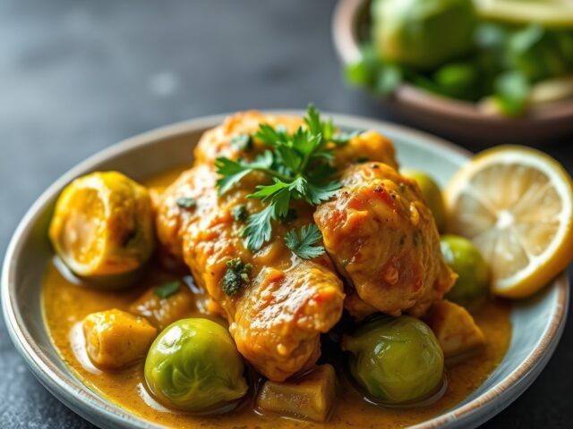 Curry van kip en spruitjes