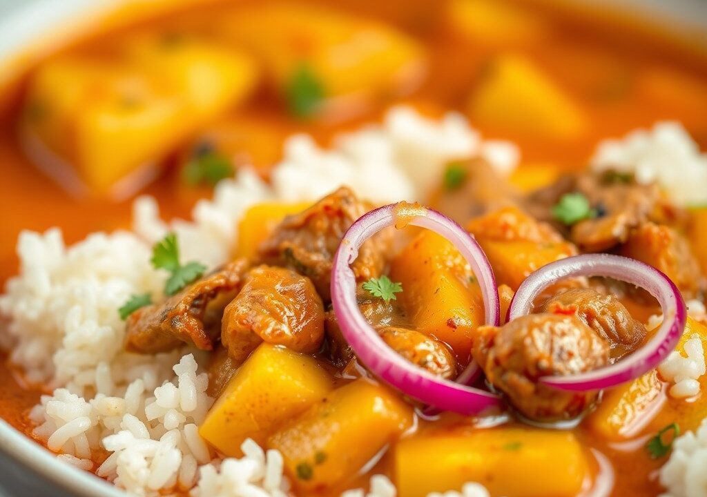 Curry van lamsbout en aardappel, AI-gegenereerde illustratie
