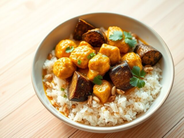 Currykip met aubergine notenrijst