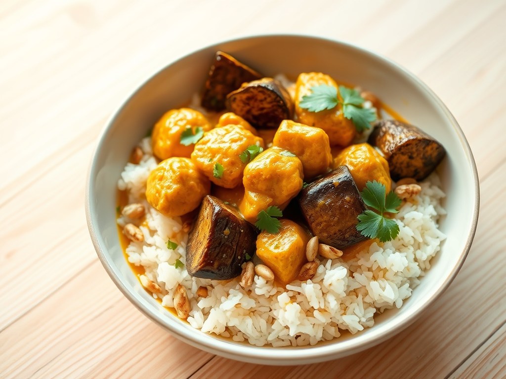 Currykip met aubergine notenrijst, AI-gegenereerde illustratie