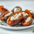Dadels gevuld met kruidenroomkaas en omwonden met ontbijtspek